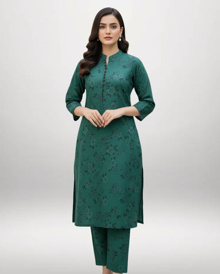 Women Printed 2 Piece Khaddar Suit – Dark Green