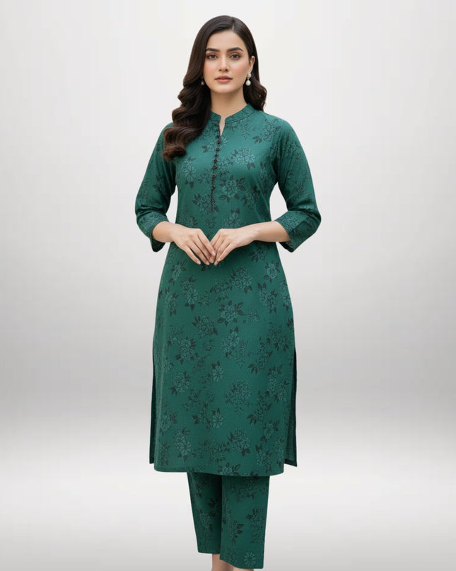 Women Printed 2 Piece Khaddar Suit – Dark Green