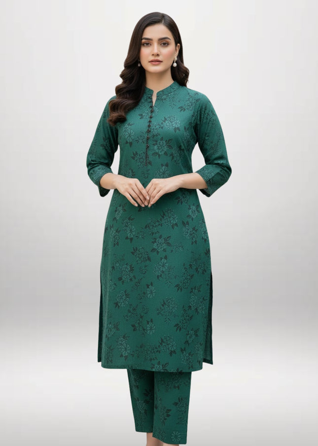 Women Printed 2 Piece Khaddar Suit – Dark Green