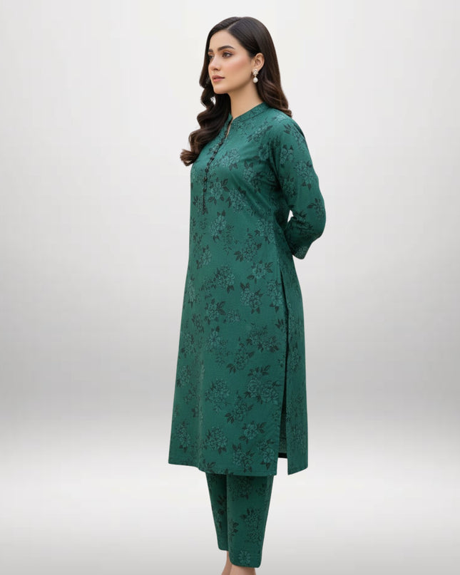 Women Printed 2 Piece Khaddar Suit – Dark Green